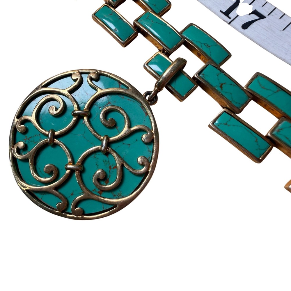 Tracy Porter Gold Tone Faux Turquoise Medallion Link Bracelet Statement Retro